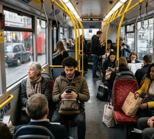 A realistic photograph capturing the busy interior of a bus on a rainy day. A diverse group of passengers is seated and standing along the central aisle. In the foreground, a young man with curly hair sits looking down at his mobile phone with headphones in, while an older woman gazes out of the large window at a wet street featuring a black cab. Other passengers are seen reading, chatting, and holding M&S and Tesco shopping bags. The bus features signature yellow grab rails, patterned red moquette seats, and an electronic destination sign at the front reading "Route 38 Victoria."