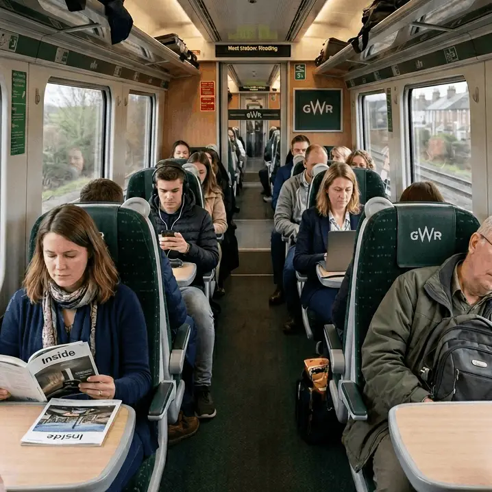A realistic photograph of the interior of a Great Western Railway (GWR) train carriage in the UK. Passengers are seated along a central aisle, featuring dark green seats with a clean, white "GWR" logo on the headrests. In the foreground, a woman reads a magazine at a table on the left, while an older man sleeps with a backpack on his lap on the right. An electronic sign overhead reads "Next Station: Reading". The windows show a blurred view of the passing British countryside and houses.